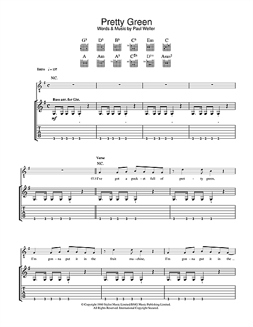 Preview The Jam Pretty Green Punk sheet music, notes and chords for Guitar Tab, SKU: 33539 sheet music, piano notes, chords, guitar tabs, score, transpose, transcribe, how to play, guide, download, learn, tutorial, progression, song, artist, awards, billboard, mtv, vh1, tour, single, album, release