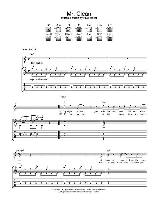 Preview The Jam Mr. Clean Punk sheet music, notes and chords for Guitar Tab, SKU: 33540 sheet music, piano notes, chords, guitar tabs, score, transpose, transcribe, how to play, guide, download, learn, tutorial, progression, song, artist, awards, billboard, mtv, vh1, tour, single, album, release
