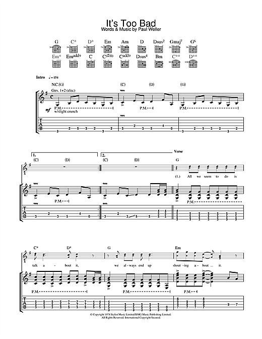 Preview The Jam It's Too Bad Punk sheet music, notes and chords for Guitar Tab, SKU: 33541 sheet music, piano notes, chords, guitar tabs, score, transpose, transcribe, how to play, guide, download, learn, tutorial, progression, song, artist, awards, billboard, mtv, vh1, tour, single, album, release