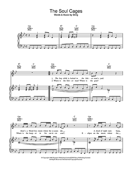 Preview Sting The Soul Cages Rock sheet music, notes and chords for Piano, Vocal & Guitar (Right-Hand Melody), SKU: 33542 sheet music, piano notes, chords, guitar tabs, score, transpose, transcribe, how to play, guide, download, learn, tutorial, progression, song, artist, awards, billboard, mtv, vh1, tour, single, album, release