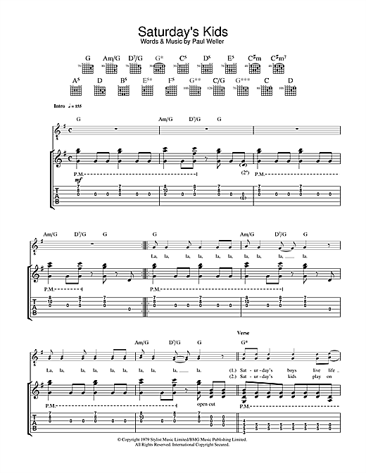 Preview The Jam Saturday's Kids Punk sheet music, notes and chords for Guitar Tab, SKU: 33543 sheet music, piano notes, chords, guitar tabs, score, transpose, transcribe, how to play, guide, download, learn, tutorial, progression, song, artist, awards, billboard, mtv, vh1, tour, single, album, release