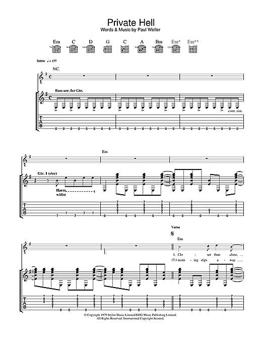 Preview The Jam Private Hell Punk sheet music, notes and chords for Guitar Tab, SKU: 33545 sheet music, piano notes, chords, guitar tabs, score, transpose, transcribe, how to play, guide, download, learn, tutorial, progression, song, artist, awards, billboard, mtv, vh1, tour, single, album, release