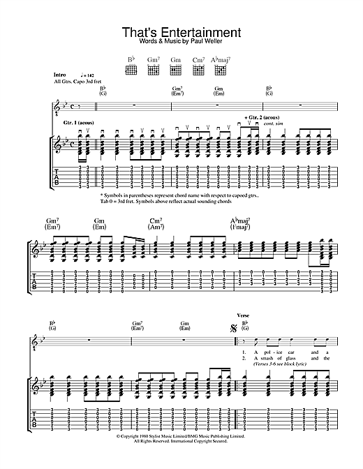 Preview The Jam That's Entertainment Punk sheet music, notes and chords for Guitar Tab, SKU: 33548 sheet music, piano notes, chords, guitar tabs, score, transpose, transcribe, how to play, guide, download, learn, tutorial, progression, song, artist, awards, billboard, mtv, vh1, tour, single, album, release