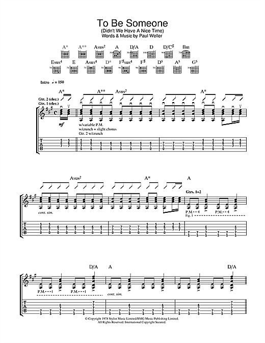 Preview The Jam To Be Someone (Didn't We Have A Nice Time) Punk sheet music, notes and chords for Guitar Tab, SKU: 33549 sheet music, piano notes, chords, guitar tabs, score, transpose, transcribe, how to play, guide, download, learn, tutorial, progression, song, artist, awards, billboard, mtv, vh1, tour, single, album, release