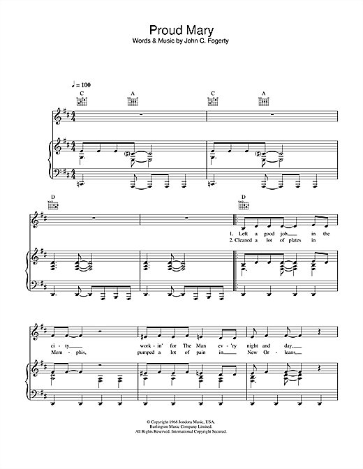 Preview Creedence Clearwater Revival Proud Mary Rock sheet music, notes and chords for Piano, Vocal & Guitar (Right-Hand Melody), SKU: 33558 sheet music, piano notes, chords, guitar tabs, score, transpose, transcribe, how to play, guide, download, learn, tutorial, progression, song, artist, awards, billboard, mtv, vh1, tour, single, album, release