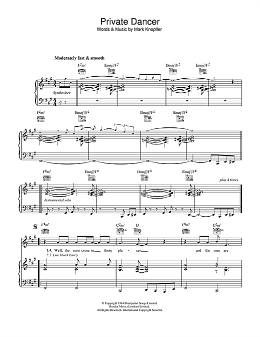Preview Tina Turner Private Dancer Rock sheet music, notes and chords for Piano, Vocal & Guitar, SKU: 33560 sheet music, piano notes, chords, guitar tabs, score, transpose, transcribe, how to play, guide, download, learn, tutorial, progression, song, artist, awards, billboard, mtv, vh1, tour, single, album, release