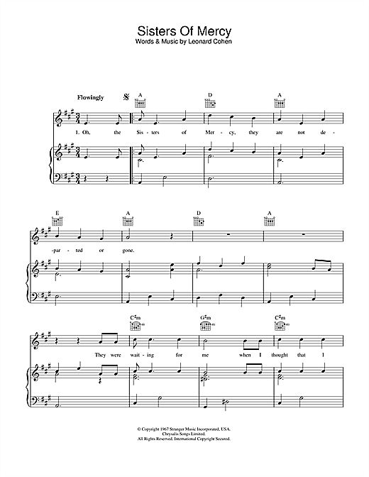 Preview Leonard Cohen Sisters Of Mercy Pop sheet music, notes and chords for Piano, Vocal & Guitar (Right-Hand Melody), SKU: 33561 sheet music, piano notes, chords, guitar tabs, score, transpose, transcribe, how to play, guide, download, learn, tutorial, progression, song, artist, awards, billboard, mtv, vh1, tour, single, album, release