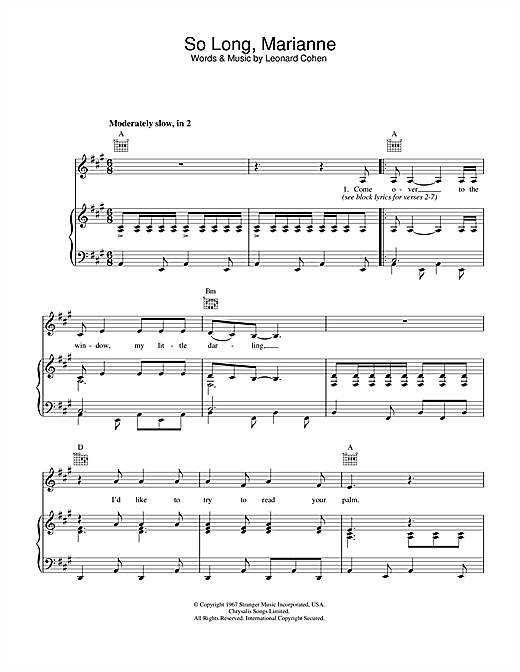 Preview Leonard Cohen So Long, Marianne Pop sheet music, notes and chords for Piano, Vocal & Guitar (Right-Hand Melody), SKU: 33562 sheet music, piano notes, chords, guitar tabs, score, transpose, transcribe, how to play, guide, download, learn, tutorial, progression, song, artist, awards, billboard, mtv, vh1, tour, single, album, release