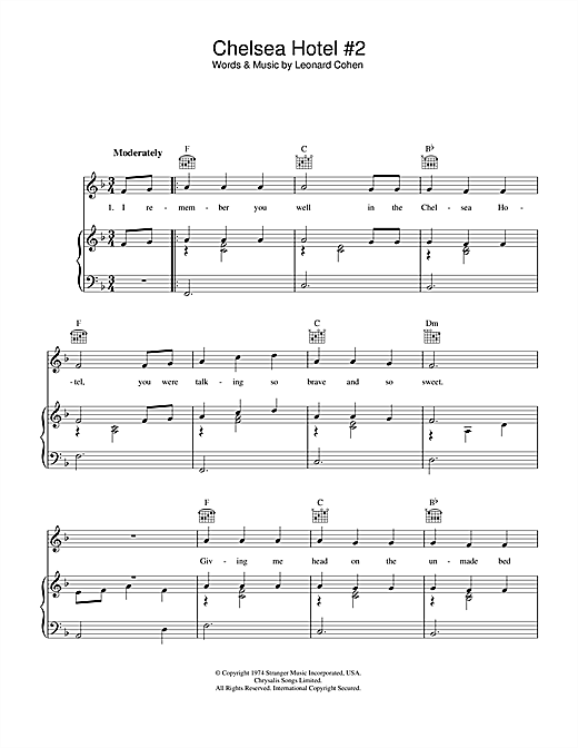 Preview Leonard Cohen Chelsea Hotel #2 Pop sheet music, notes and chords for Piano, Vocal & Guitar (Right-Hand Melody), SKU: 33563 sheet music, piano notes, chords, guitar tabs, score, transpose, transcribe, how to play, guide, download, learn, tutorial, progression, song, artist, awards, billboard, mtv, vh1, tour, single, album, release