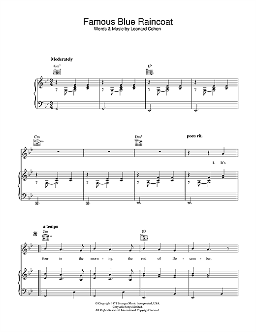 Preview Leonard Cohen Famous Blue Raincoat Pop sheet music, notes and chords for Piano, Vocal & Guitar (Right-Hand Melody), SKU: 33566 sheet music, piano notes, chords, guitar tabs, score, transpose, transcribe, how to play, guide, download, learn, tutorial, progression, song, artist, awards, billboard, mtv, vh1, tour, single, album, release