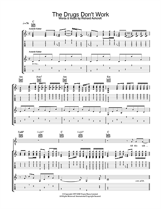 Preview The Verve The Drugs Don't Work Rock sheet music, notes and chords for Guitar Tab, SKU: 33569 sheet music, piano notes, chords, guitar tabs, score, transpose, transcribe, how to play, guide, download, learn, tutorial, progression, song, artist, awards, billboard, mtv, vh1, tour, single, album, release