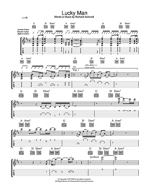 Preview The Verve Lucky Man Rock sheet music, notes and chords for Guitar Tab, SKU: 33572 sheet music, piano notes, chords, guitar tabs, score, transpose, transcribe, how to play, guide, download, learn, tutorial, progression, song, artist, awards, billboard, mtv, vh1, tour, single, album, release