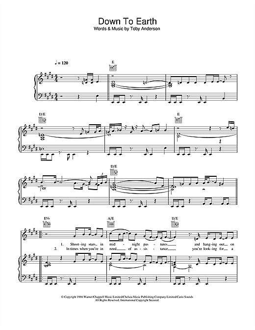 Preview Curiosity Killed The Cat Down To Earth Pop sheet music, notes and chords for Piano, Vocal & Guitar (Right-Hand Melody), SKU: 33575 sheet music, piano notes, chords, guitar tabs, score, transpose, transcribe, how to play, guide, download, learn, tutorial, progression, song, artist, awards, billboard, mtv, vh1, tour, single, album, release