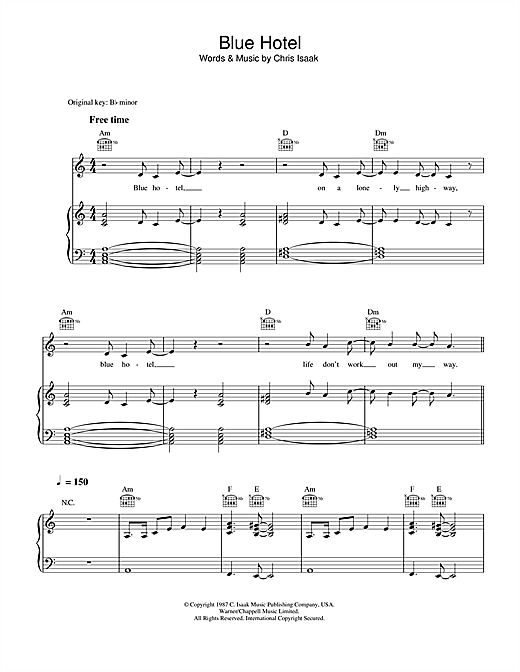 Preview Chris Isaak Blue Hotel Country sheet music, notes and chords for Piano, Vocal & Guitar (Right-Hand Melody), SKU: 33576 sheet music, piano notes, chords, guitar tabs, score, transpose, transcribe, how to play, guide, download, learn, tutorial, progression, song, artist, awards, billboard, mtv, vh1, tour, single, album, release