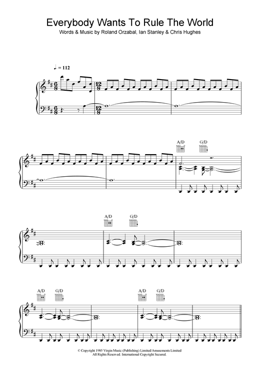 Preview Tears for Fears Everybody Wants To Rule The World Pop sheet music, notes and chords for Piano, Vocal & Guitar (Right-Hand Melody), SKU: 33577 sheet music, piano notes, chords, guitar tabs, score, transpose, transcribe, how to play, guide, download, learn, tutorial, progression, song, artist, awards, billboard, mtv, vh1, tour, single, album, release