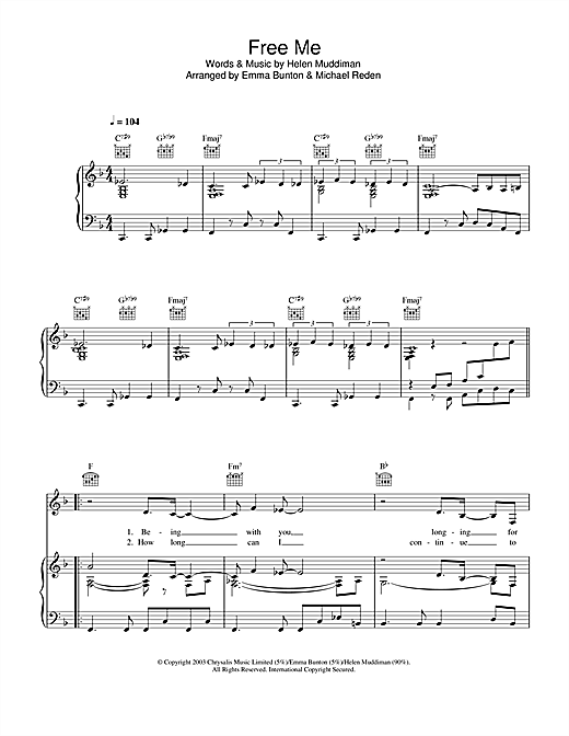 Preview Emma Bunton Free Me Pop sheet music, notes and chords for Piano, Vocal & Guitar (Right-Hand Melody), SKU: 33579 sheet music, piano notes, chords, guitar tabs, score, transpose, transcribe, how to play, guide, download, learn, tutorial, progression, song, artist, awards, billboard, mtv, vh1, tour, single, album, release