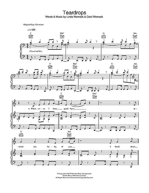 Preview Womack & Womack Teardrops Pop sheet music, notes and chords for Piano, Vocal & Guitar (Right-Hand Melody), SKU: 33580 sheet music, piano notes, chords, guitar tabs, score, transpose, transcribe, how to play, guide, download, learn, tutorial, progression, song, artist, awards, billboard, mtv, vh1, tour, single, album, release
