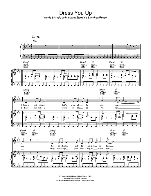Preview Madonna Dress You Up Pop sheet music, notes and chords for Piano, Vocal & Guitar (Right-Hand Melody), SKU: 33583 sheet music, piano notes, chords, guitar tabs, score, transpose, transcribe, how to play, guide, download, learn, tutorial, progression, song, artist, awards, billboard, mtv, vh1, tour, single, album, release