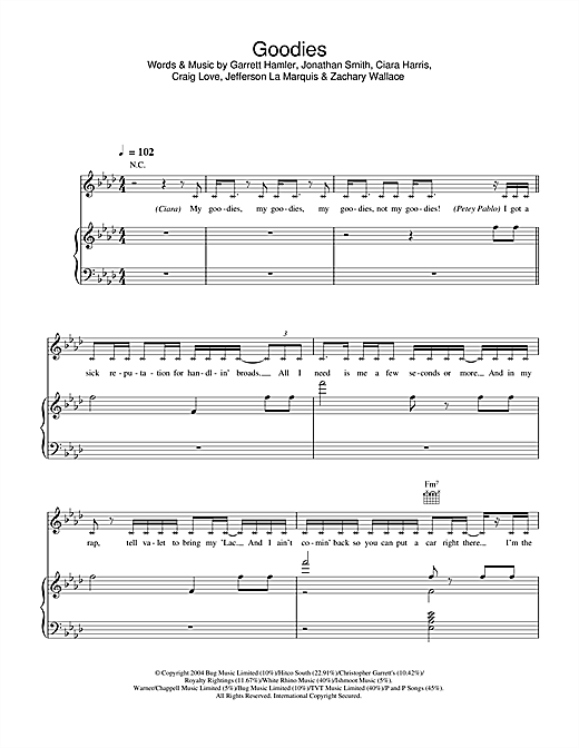 Preview Ciara Goodies R & B sheet music, notes and chords for Piano, Vocal & Guitar (Right-Hand Melody), SKU: 33584 sheet music, piano notes, chords, guitar tabs, score, transpose, transcribe, how to play, guide, download, learn, tutorial, progression, song, artist, awards, billboard, mtv, vh1, tour, single, album, release