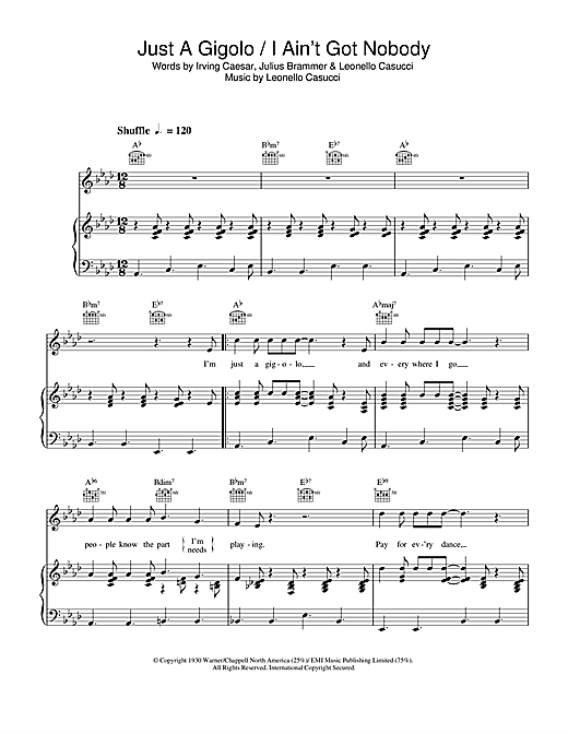 Preview David Lee Roth Just A Gigolo / I Ain't Got Nobody Jazz sheet music, notes and chords for Piano, Vocal & Guitar (Right-Hand Melody), SKU: 33585 sheet music, piano notes, chords, guitar tabs, score, transpose, transcribe, how to play, guide, download, learn, tutorial, progression, song, artist, awards, billboard, mtv, vh1, tour, single, album, release