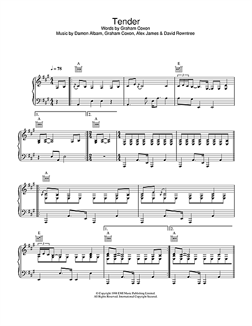 Preview Blur Tender Rock sheet music, notes and chords for Piano, Vocal & Guitar (Right-Hand Melody), SKU: 33586 sheet music, piano notes, chords, guitar tabs, score, transpose, transcribe, how to play, guide, download, learn, tutorial, progression, song, artist, awards, billboard, mtv, vh1, tour, single, album, release