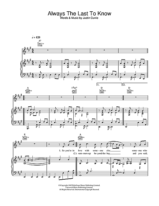 Preview Del Amitri Always The Last To Know Rock sheet music, notes and chords for Piano, Vocal & Guitar (Right-Hand Melody), SKU: 33588 sheet music, piano notes, chords, guitar tabs, score, transpose, transcribe, how to play, guide, download, learn, tutorial, progression, song, artist, awards, billboard, mtv, vh1, tour, single, album, release