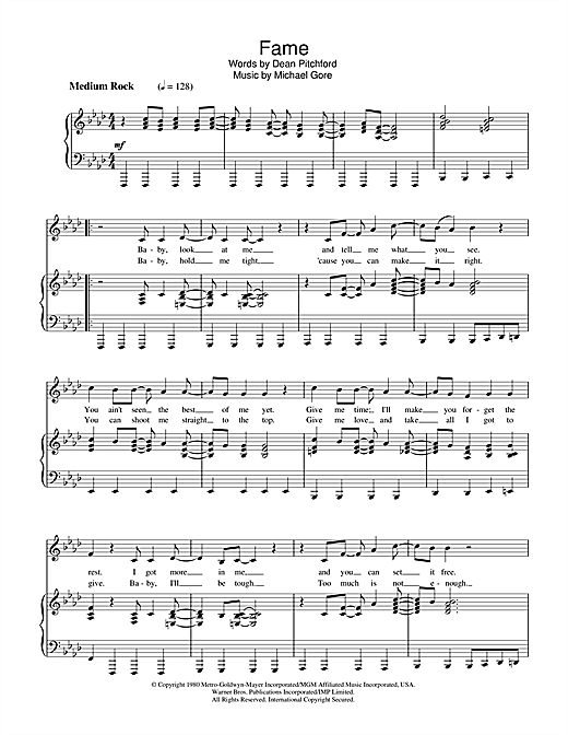 Preview Irene Cara Fame Pop sheet music, notes and chords for Piano & Vocal, SKU: 33590 sheet music, piano notes, chords, guitar tabs, score, transpose, transcribe, how to play, guide, download, learn, tutorial, progression, song, artist, awards, billboard, mtv, vh1, tour, single, album, release