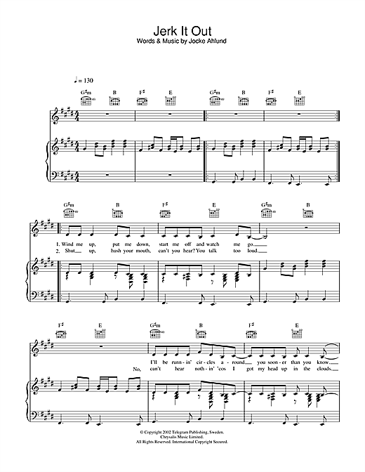 Preview The Caesars Jerk It Out Rock sheet music, notes and chords for Piano, Vocal & Guitar (Right-Hand Melody), SKU: 33591 sheet music, piano notes, chords, guitar tabs, score, transpose, transcribe, how to play, guide, download, learn, tutorial, progression, song, artist, awards, billboard, mtv, vh1, tour, single, album, release