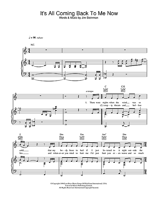 Preview Celine Dion It's All Coming Back To Me Now Ballad sheet music, notes and chords for Piano, Vocal & Guitar (Right-Hand Melody), SKU: 33592 sheet music, piano notes, chords, guitar tabs, score, transpose, transcribe, how to play, guide, download, learn, tutorial, progression, song, artist, awards, billboard, mtv, vh1, tour, single, album, release