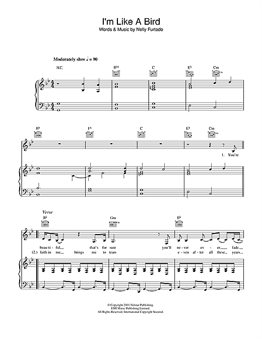Preview Nelly Furtado I'm Like A Bird Pop sheet music, notes and chords for Piano, Vocal & Guitar, SKU: 33594 sheet music, piano notes, chords, guitar tabs, score, transpose, transcribe, how to play, guide, download, learn, tutorial, progression, song, artist, awards, billboard, mtv, vh1, tour, single, album, release