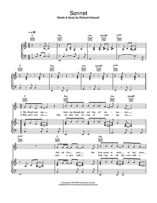 Preview The Verve Sonnet Rock sheet music, notes and chords for Piano, Vocal & Guitar (Right-Hand Melody), SKU: 33595 sheet music, piano notes, chords, guitar tabs, score, transpose, transcribe, how to play, guide, download, learn, tutorial, progression, song, artist, awards, billboard, mtv, vh1, tour, single, album, release