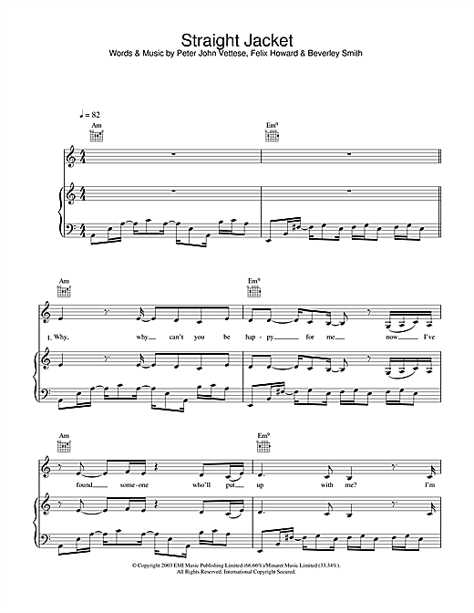 Preview Beverley Knight Straight Jacket R & B sheet music, notes and chords for Piano, Vocal & Guitar (Right-Hand Melody), SKU: 33606 sheet music, piano notes, chords, guitar tabs, score, transpose, transcribe, how to play, guide, download, learn, tutorial, progression, song, artist, awards, billboard, mtv, vh1, tour, single, album, release