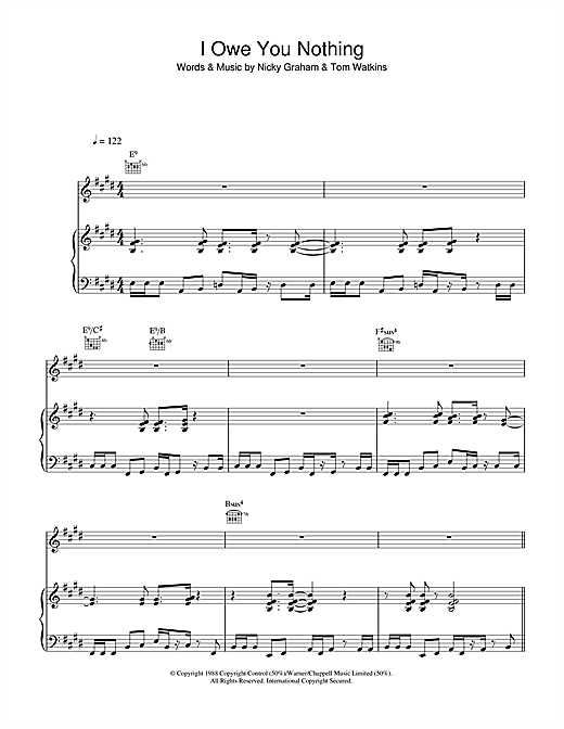 Preview Bros I Owe You Nothing Pop sheet music, notes and chords for Piano, Vocal & Guitar (Right-Hand Melody), SKU: 33607 sheet music, piano notes, chords, guitar tabs, score, transpose, transcribe, how to play, guide, download, learn, tutorial, progression, song, artist, awards, billboard, mtv, vh1, tour, single, album, release