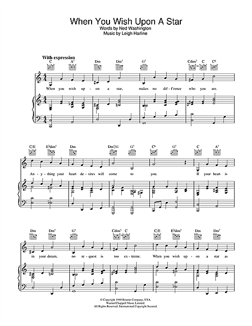 Preview Cliff Edwards When You Wish Upon A Star (from Disney's Pinocchio) Disney sheet music, notes and chords for Piano, Vocal & Guitar (Right-Hand Melody), SKU: 33611 sheet music, piano notes, chords, guitar tabs, score, transpose, transcribe, how to play, guide, download, learn, tutorial, progression, song, artist, awards, billboard, mtv, vh1, tour, single, album, release