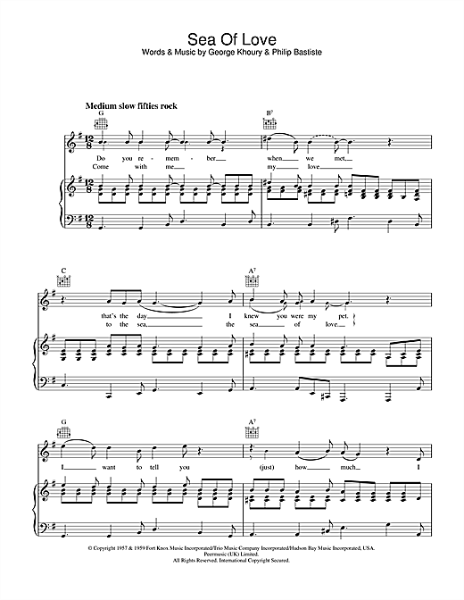Preview Phil Phillips Sea Of Love Pop sheet music, notes and chords for Piano, Vocal & Guitar (Right-Hand Melody), SKU: 33612 sheet music, piano notes, chords, guitar tabs, score, transpose, transcribe, how to play, guide, download, learn, tutorial, progression, song, artist, awards, billboard, mtv, vh1, tour, single, album, release