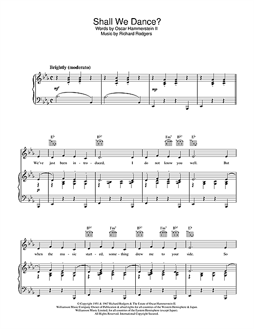 Preview Rodgers & Hammerstein Shall We Dance? (from The King And I) Musicals sheet music, notes and chords for Piano, Vocal & Guitar (Right-Hand Melody), SKU: 33613 sheet music, piano notes, chords, guitar tabs, score, transpose, transcribe, how to play, guide, download, learn, tutorial, progression, song, artist, awards, billboard, mtv, vh1, tour, single, album, release