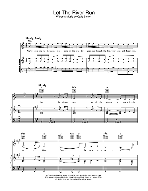 Preview Carly Simon Let The River Run Pop sheet music, notes and chords for Piano, Vocal & Guitar (Right-Hand Melody), SKU: 33618 sheet music, piano notes, chords, guitar tabs, score, transpose, transcribe, how to play, guide, download, learn, tutorial, progression, song, artist, awards, billboard, mtv, vh1, tour, single, album, release