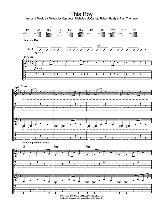 Preview Franz Ferdinand This Boy Rock sheet music, notes and chords for Guitar Tab, SKU: 33632 sheet music, piano notes, chords, guitar tabs, score, transpose, transcribe, how to play, guide, download, learn, tutorial, progression, song, artist, awards, billboard, mtv, vh1, tour, single, album, release