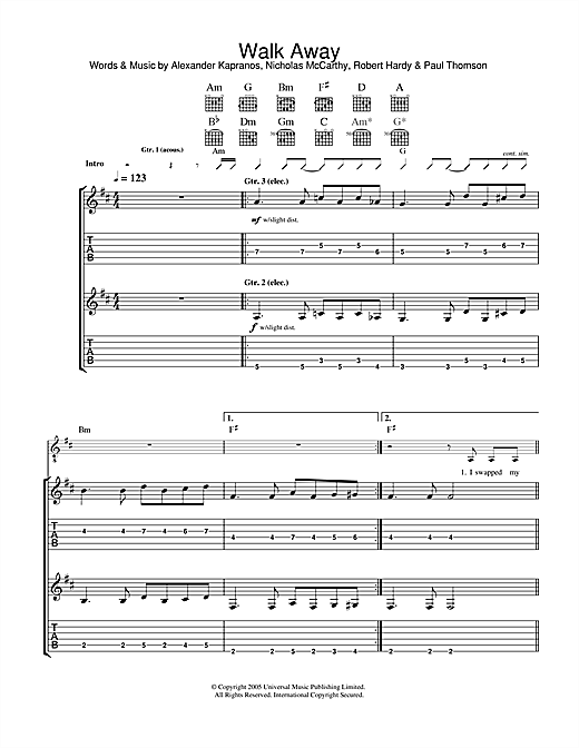 Preview Franz Ferdinand Walk Away Rock sheet music, notes and chords for Guitar Tab, SKU: 33633 sheet music, piano notes, chords, guitar tabs, score, transpose, transcribe, how to play, guide, download, learn, tutorial, progression, song, artist, awards, billboard, mtv, vh1, tour, single, album, release