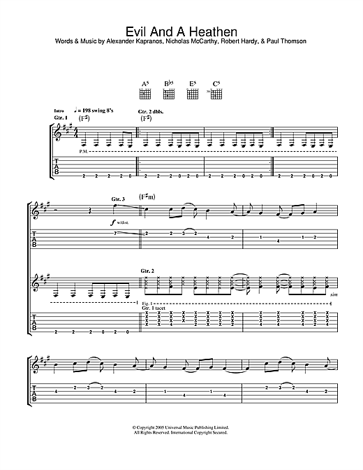 Preview Franz Ferdinand Evil And A Heathen Rock sheet music, notes and chords for Guitar Tab, SKU: 33634 sheet music, piano notes, chords, guitar tabs, score, transpose, transcribe, how to play, guide, download, learn, tutorial, progression, song, artist, awards, billboard, mtv, vh1, tour, single, album, release