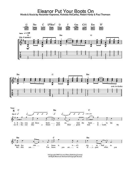 Preview Franz Ferdinand Eleanor Put Your Boots On Rock sheet music, notes and chords for Guitar Tab, SKU: 33635 sheet music, piano notes, chords, guitar tabs, score, transpose, transcribe, how to play, guide, download, learn, tutorial, progression, song, artist, awards, billboard, mtv, vh1, tour, single, album, release