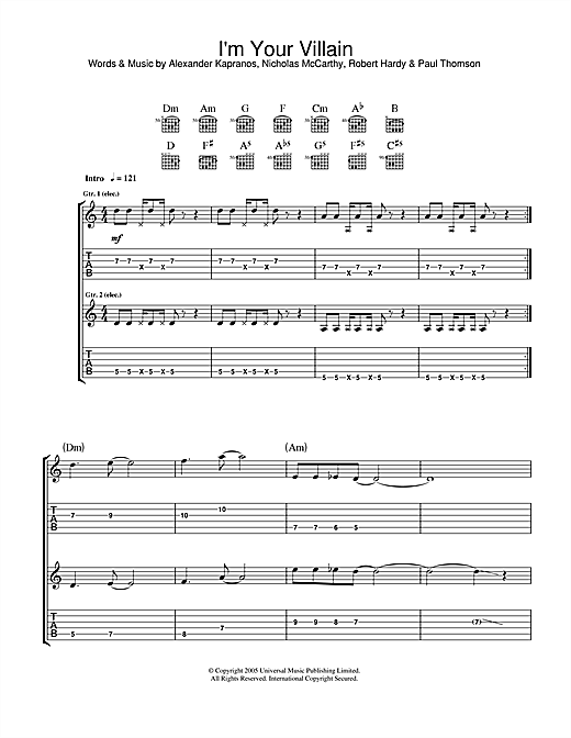 Preview Franz Ferdinand I'm Your Villain Rock sheet music, notes and chords for Guitar Tab, SKU: 33636 sheet music, piano notes, chords, guitar tabs, score, transpose, transcribe, how to play, guide, download, learn, tutorial, progression, song, artist, awards, billboard, mtv, vh1, tour, single, album, release