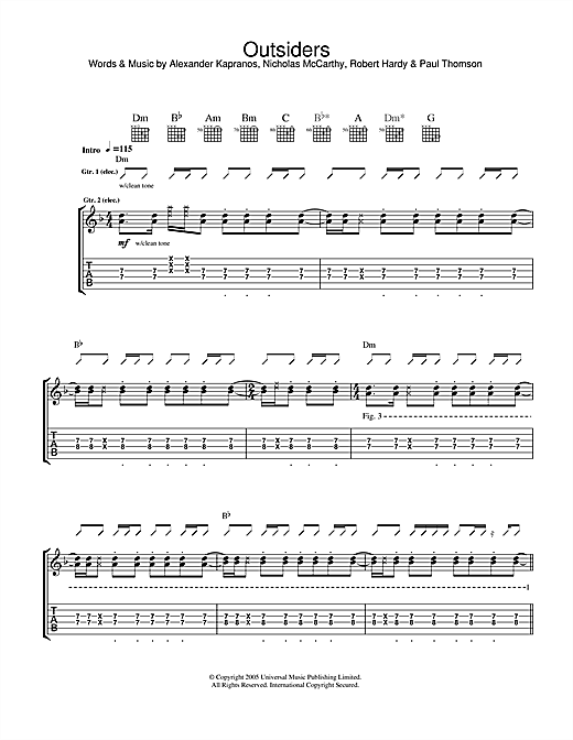 Preview Franz Ferdinand Outsiders Rock sheet music, notes and chords for Guitar Tab, SKU: 33638 sheet music, piano notes, chords, guitar tabs, score, transpose, transcribe, how to play, guide, download, learn, tutorial, progression, song, artist, awards, billboard, mtv, vh1, tour, single, album, release