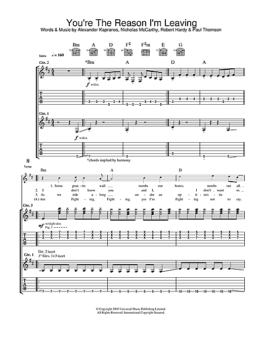 Preview Franz Ferdinand You're The Reason I'm Leaving Rock sheet music, notes and chords for Guitar Tab, SKU: 33652 sheet music, piano notes, chords, guitar tabs, score, transpose, transcribe, how to play, guide, download, learn, tutorial, progression, song, artist, awards, billboard, mtv, vh1, tour, single, album, release