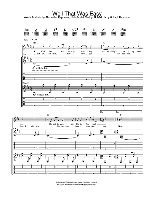 Preview Franz Ferdinand Well That Was Easy Rock sheet music, notes and chords for Guitar Tab, SKU: 33653 sheet music, piano notes, chords, guitar tabs, score, transpose, transcribe, how to play, guide, download, learn, tutorial, progression, song, artist, awards, billboard, mtv, vh1, tour, single, album, release