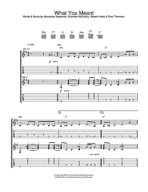 Preview Franz Ferdinand What You Meant Rock sheet music, notes and chords for Guitar Tab, SKU: 33654 sheet music, piano notes, chords, guitar tabs, score, transpose, transcribe, how to play, guide, download, learn, tutorial, progression, song, artist, awards, billboard, mtv, vh1, tour, single, album, release