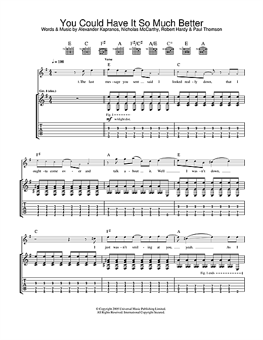 Preview Franz Ferdinand You Could Have It So Much Better Rock sheet music, notes and chords for Guitar Tab, SKU: 33655 sheet music, piano notes, chords, guitar tabs, score, transpose, transcribe, how to play, guide, download, learn, tutorial, progression, song, artist, awards, billboard, mtv, vh1, tour, single, album, release