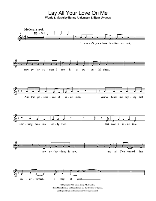 Preview ABBA Lay All Your Love On Me Pop sheet music, notes and chords for Flute, SKU: 33658 sheet music, piano notes, chords, guitar tabs, score, transpose, transcribe, how to play, guide, download, learn, tutorial, progression, song, artist, awards, billboard, mtv, vh1, tour, single, album, release