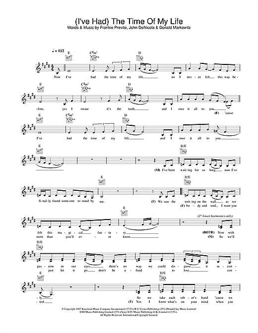 Preview Bill Medley and Jennifer Warnes (I've Had) The Time Of My Life (from Dirty Dancing) Pop sheet music, notes and chords for Melody Line, Lyrics & Chords, SKU: 33661 sheet music, piano notes, chords, guitar tabs, score, transpose, transcribe, how to play, guide, download, learn, tutorial, progression, song, artist, awards, billboard, mtv, vh1, tour, single, album, release