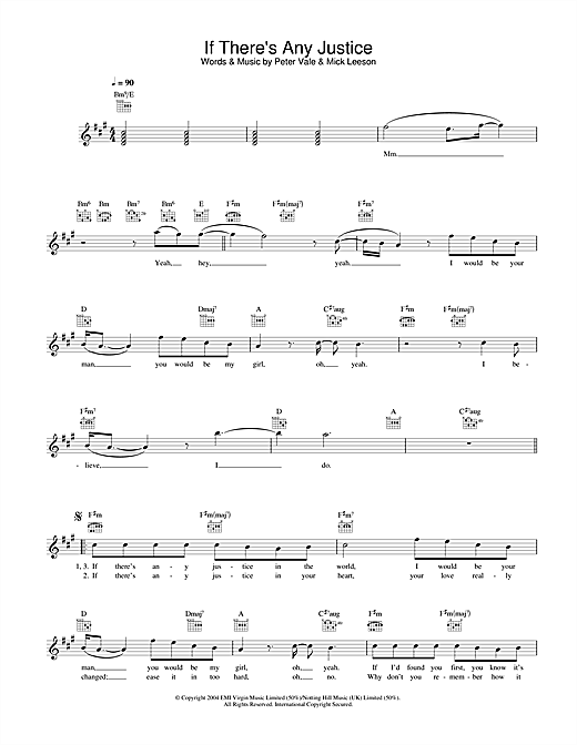 Preview Lemar If There's Any Justice Pop sheet music, notes and chords for Melody Line, Lyrics & Chords, SKU: 33662 sheet music, piano notes, chords, guitar tabs, score, transpose, transcribe, how to play, guide, download, learn, tutorial, progression, song, artist, awards, billboard, mtv, vh1, tour, single, album, release